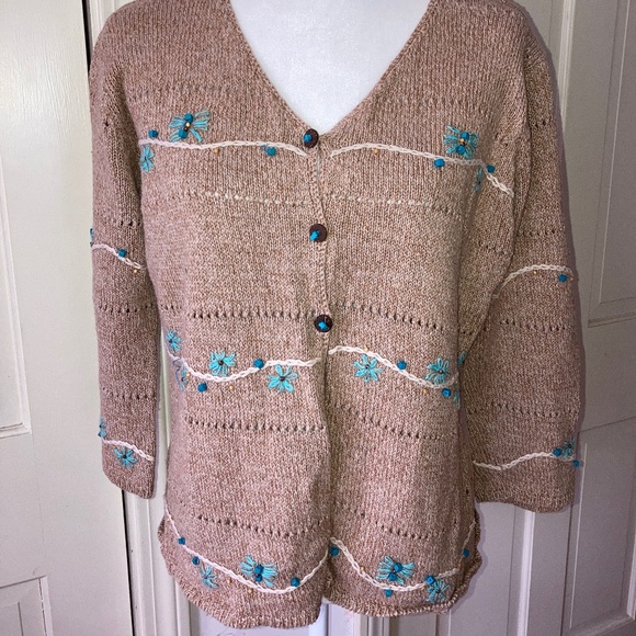 V Neck Brown Sweater w Turquoise Beads Yarn - Picture 2 of 9